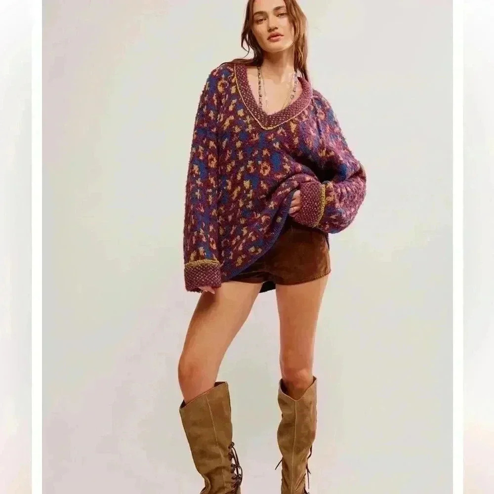 Free People Little Animal Pullover in Blue Fig Combo nwot size m